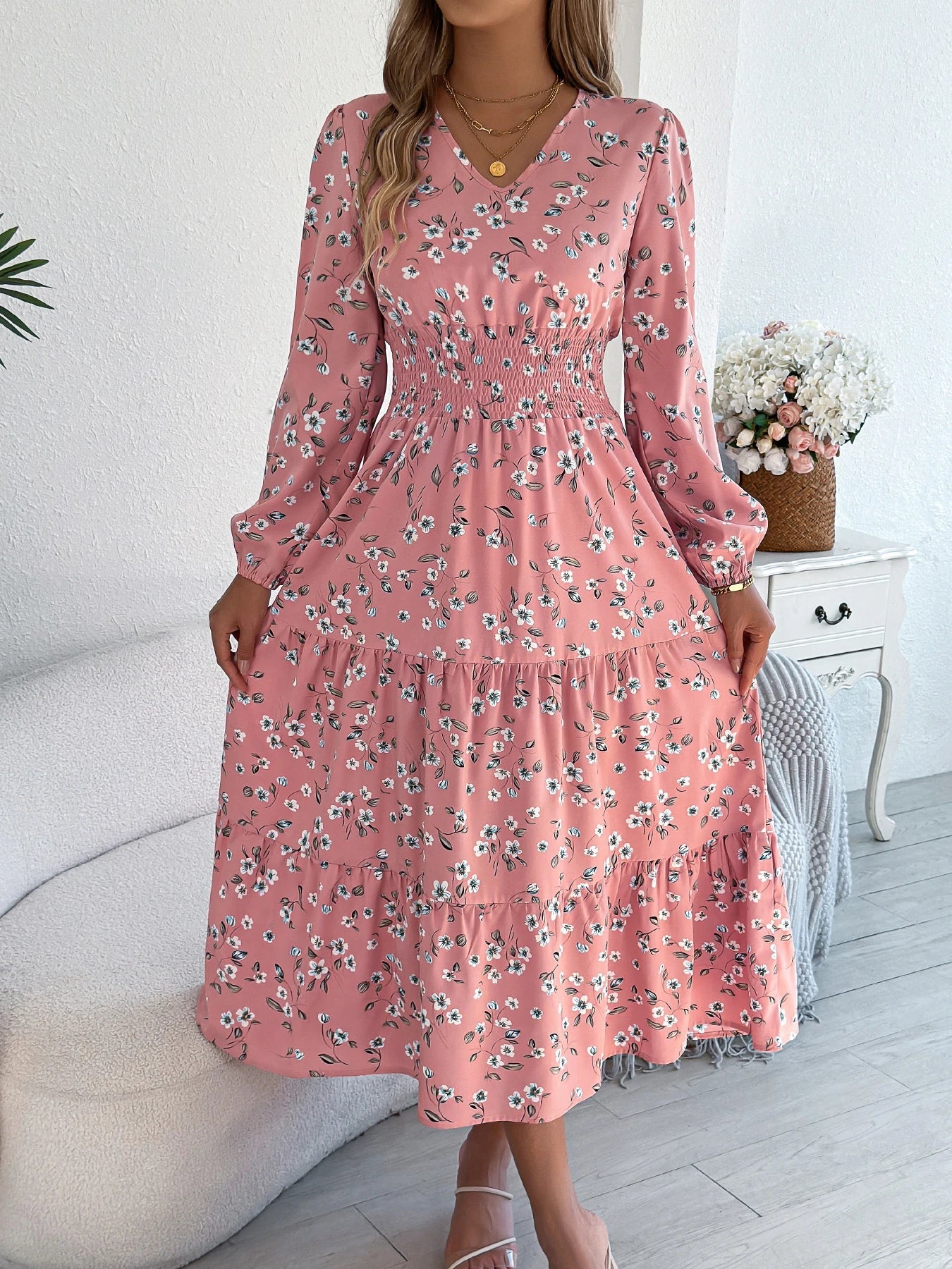 Spring Autumn Casual Woman Dress V Neck Long sleeve Lotus Leaf Edge Floral Print Long Dress Women Clothing - PratSN