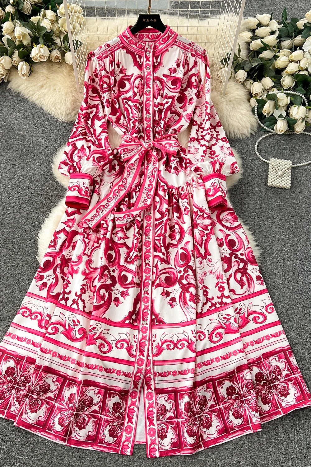 Spring Elegant Stand Collar Casual Midi Dress For Women Printed Lace Vestidos - PratSN