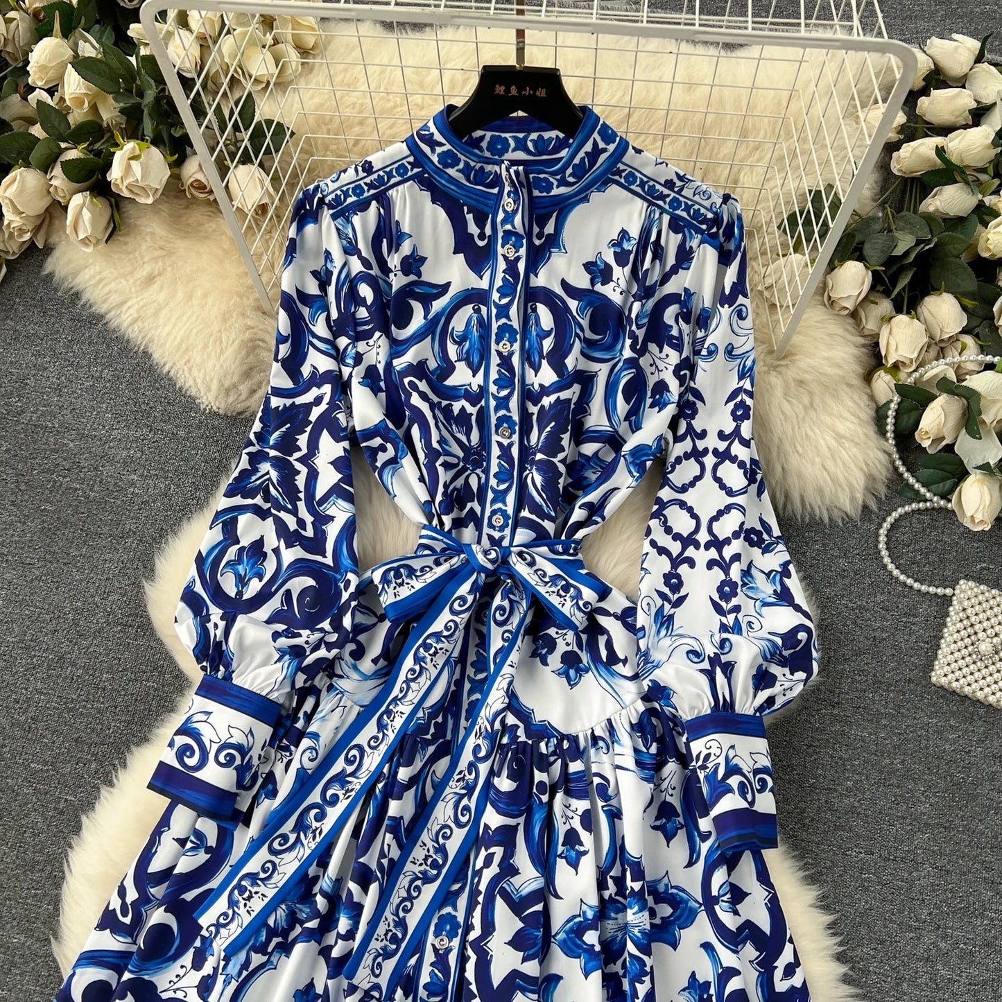 Spring Elegant Stand Collar Casual Midi Dress For Women Printed Lace Vestidos - PratSN