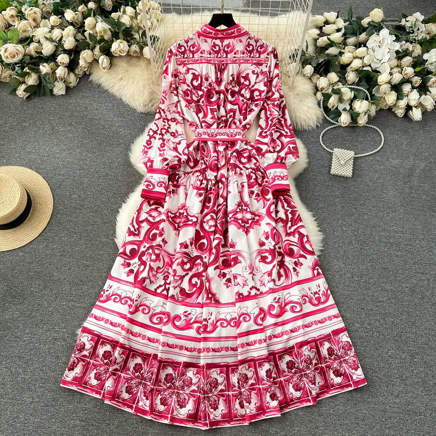 Spring Elegant Stand Collar Casual Midi Dress For Women Printed Lace Vestidos - PratSN