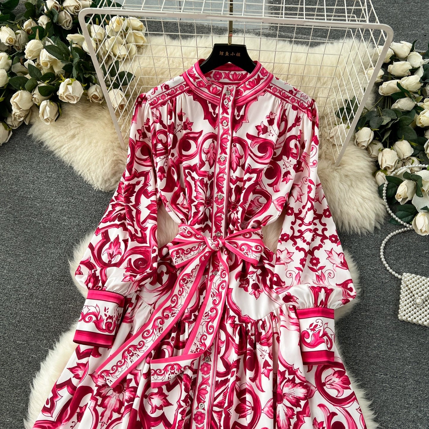 Spring Elegant Stand Collar Casual Midi Dress For Women Printed Lace Vestidos - PratSN
