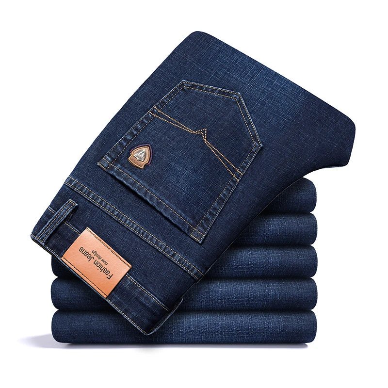 Spring fitted straight stretch denim jeans classic style badge youth men's business casual jeans trousers - PratSN