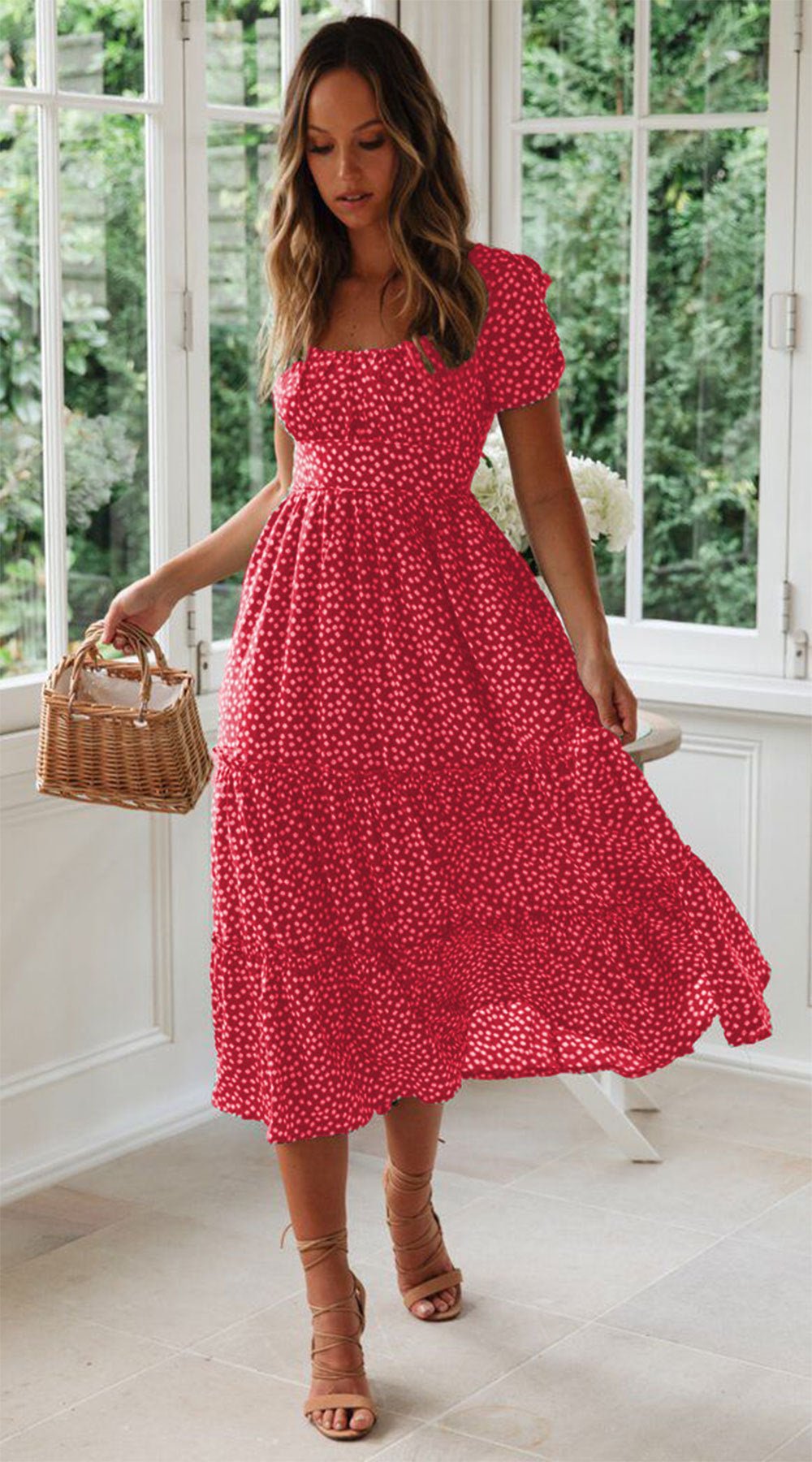 Square Collar Short Sleeve Dress Summer Puff Floral Printed Dress Long Dresses - PratSN