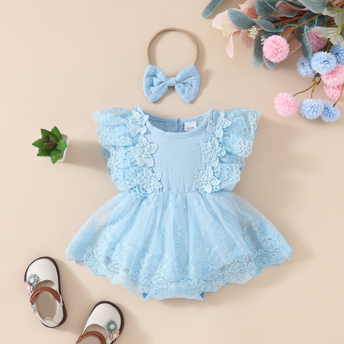 Summer Baby Girl Sweet Sleeveless Lace Triangle Rompers Mesh Lace Flower Dress - PratSN