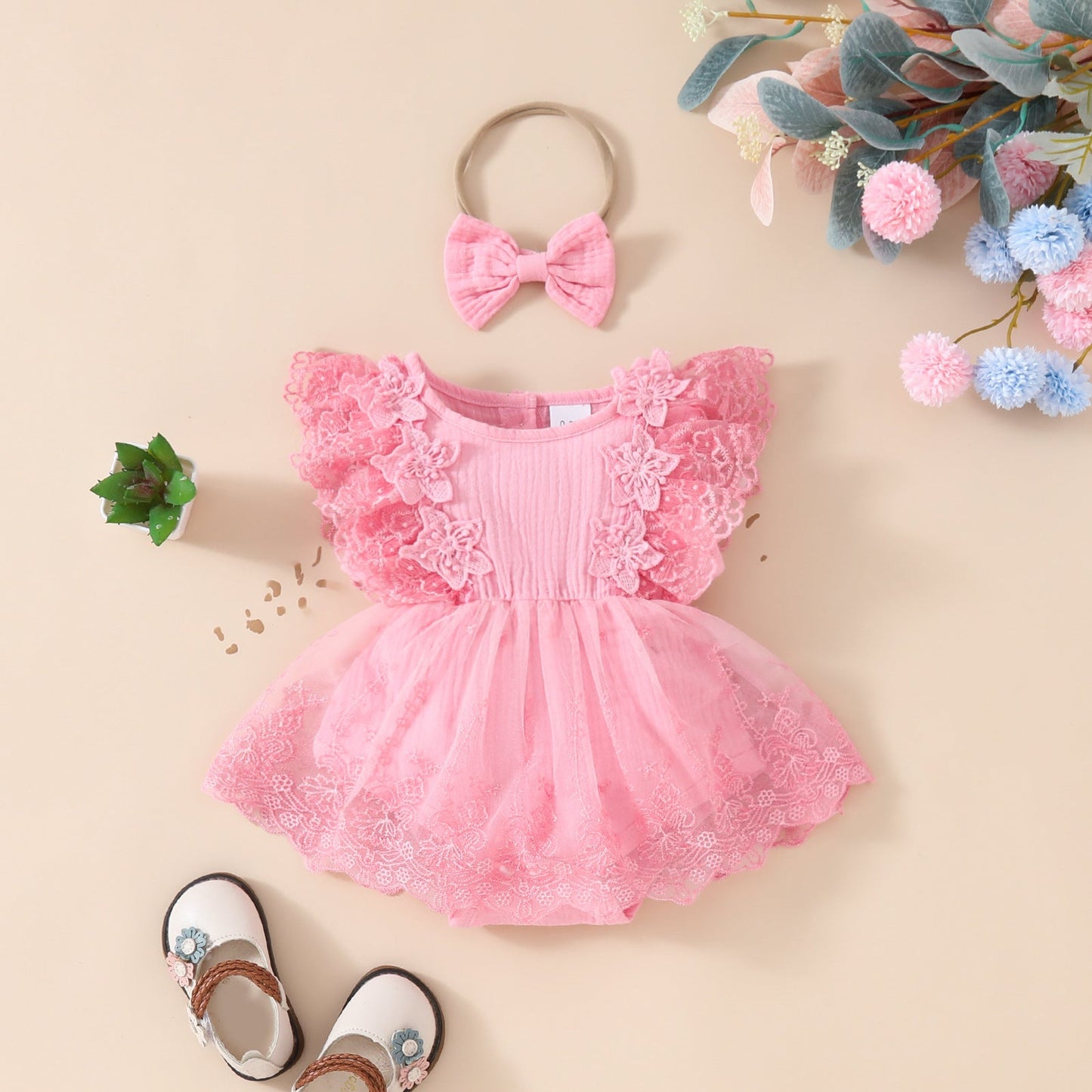 Summer Baby Girl Sweet Sleeveless Lace Triangle Rompers Mesh Lace Flower Dress - PratSN