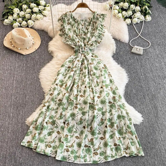 Summer Beach O - Neck Tunic Slim Casual Midi Dress For Women Flying Sleeve Empire Floral Lace Dress - PratSN