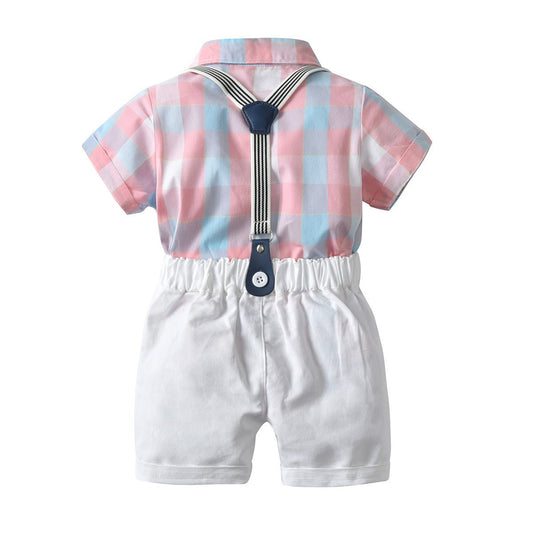Summer Boys Gentleman Dress Short Sleeve Bodysuit Bib Shorts Set - PratSN