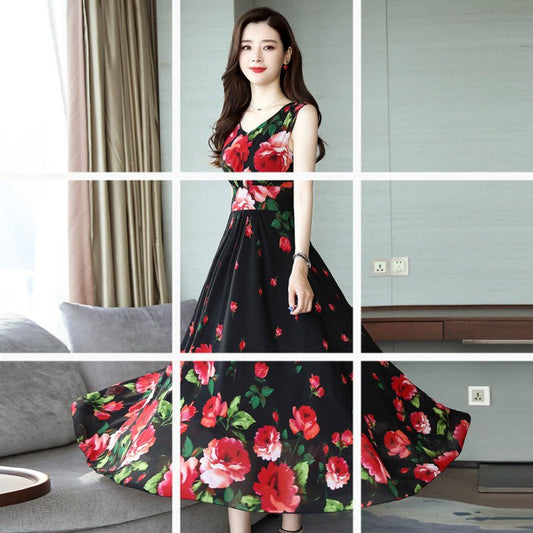 Summer Dress for Women Floral Printed Dress Fashion Waist Floral Sleeveless A - line V - neck Print Dress F - PratSN