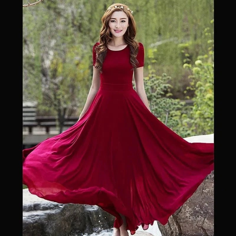 Summer Dress Women 2025 New Bohemian Beach Long Chiffon Dress Elegant Ladies Short Sleeve Sundress Women's Clothing - PratSN