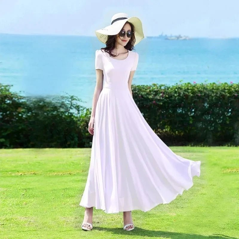 Summer Dress Women 2025 New Bohemian Beach Long Chiffon Dress Elegant Ladies Short Sleeve Sundress Women's Clothing - PratSN