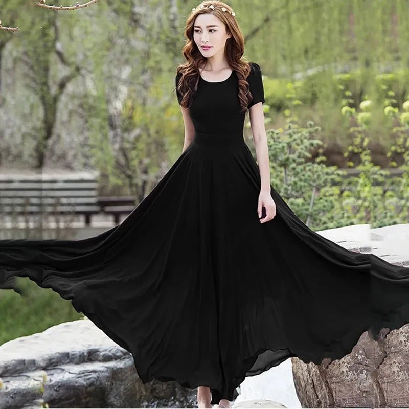 Summer Dress Women 2025 New Bohemian Beach Long Chiffon Dress Elegant Ladies Short Sleeve Sundress Women's Clothing - PratSN