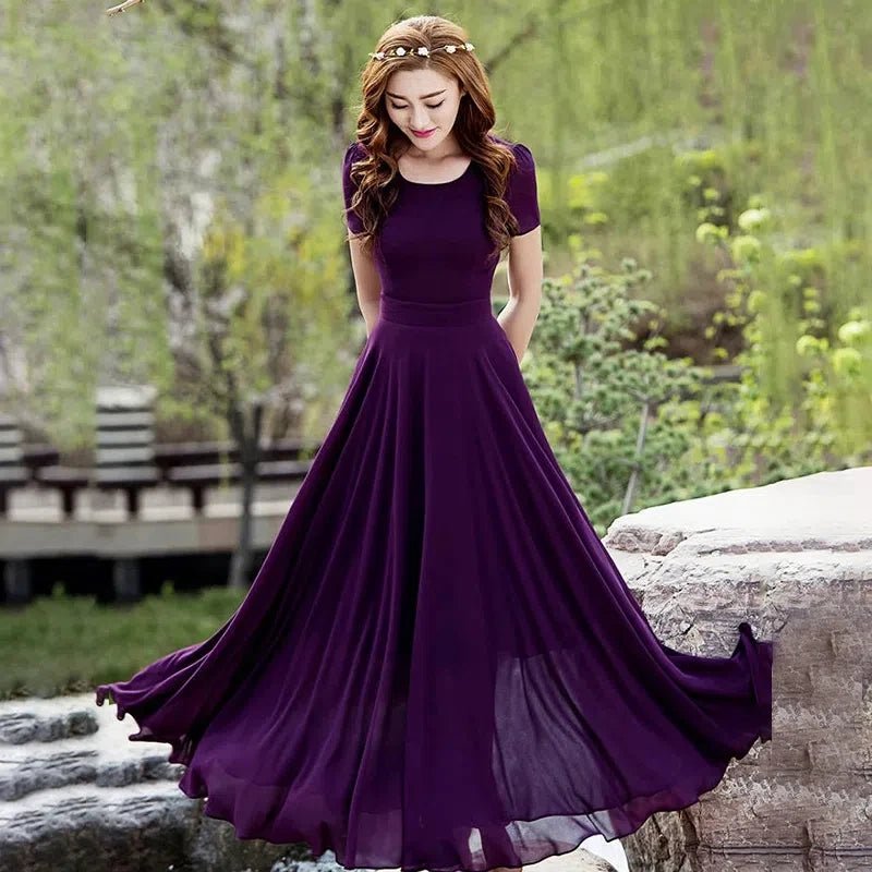 Summer Dress Women 2025 New Bohemian Beach Long Chiffon Dress Elegant Ladies Short Sleeve Sundress Women's Clothing - PratSN
