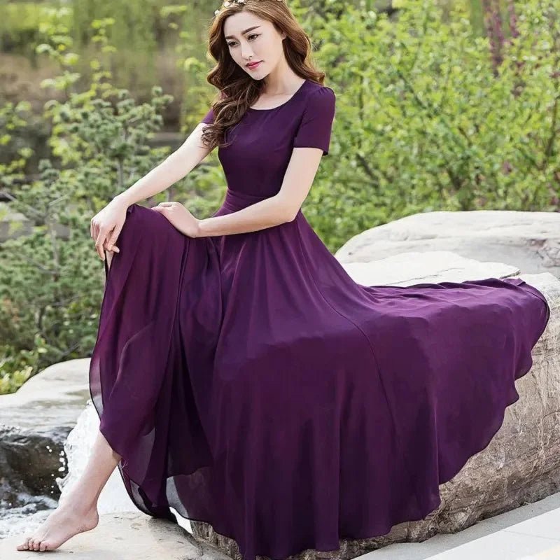 Summer Dress Women 2025 New Bohemian Beach Long Chiffon Dress Elegant Ladies Short Sleeve Sundress Women's Clothing - PratSN