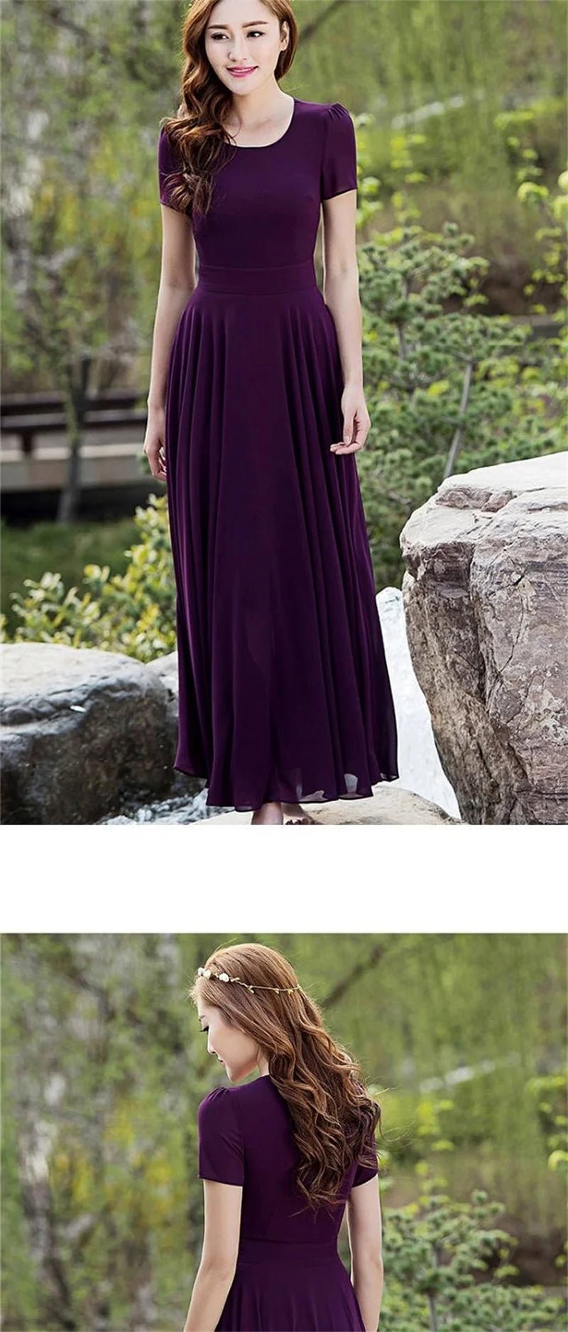 Summer Dress Women 2025 New Bohemian Beach Long Chiffon Dress Elegant Ladies Short Sleeve Sundress Women's Clothing - PratSN