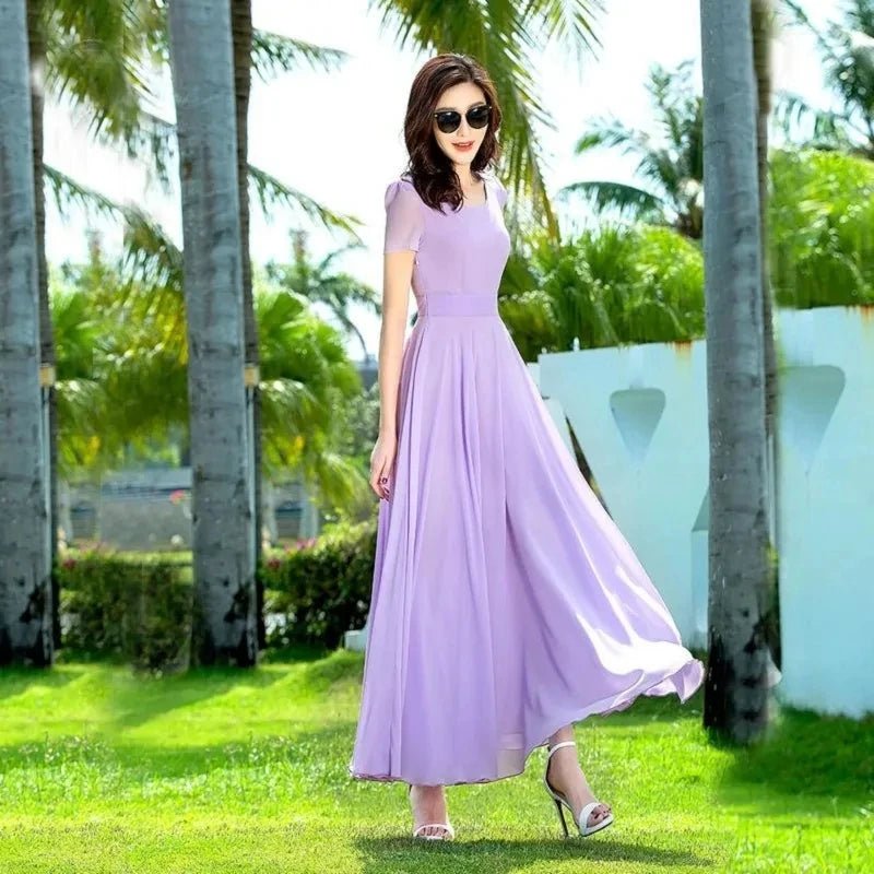Summer Dress Women 2025 New Bohemian Beach Long Chiffon Dress Elegant Ladies Short Sleeve Sundress Women's Clothing - PratSN