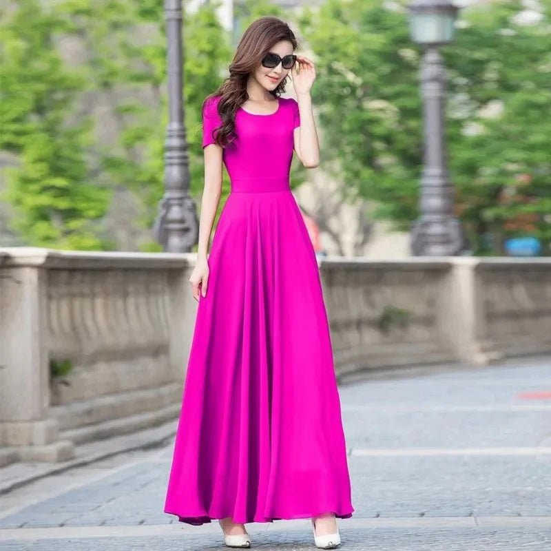 Summer Dress Women 2025 New Bohemian Beach Long Chiffon Dress Elegant Ladies Short Sleeve Sundress Women's Clothing - PratSN