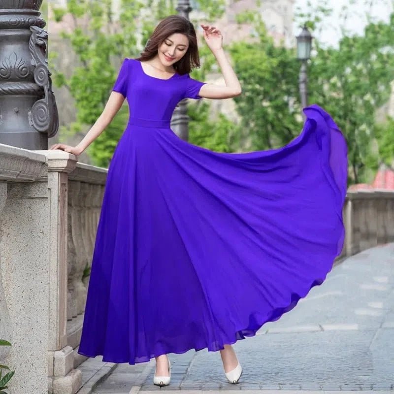 Summer Dress Women 2025 New Bohemian Beach Long Chiffon Dress Elegant Ladies Short Sleeve Sundress Women's Clothing - PratSN
