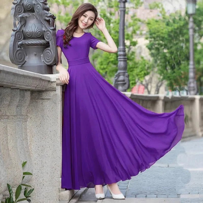 Summer Dress Women 2025 New Bohemian Beach Long Chiffon Dress Elegant Ladies Short Sleeve Sundress Women's Clothing - PratSN