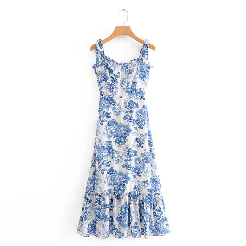 Summer Dresses Women 2020 Vintage Blue White Floral Print Dress Woman Sexy Spaghetti Strap Tie Chiffon Elegant Ruffle Midi Dress - PratSN