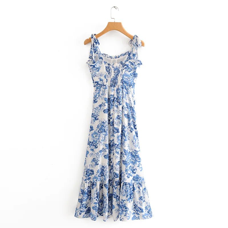 Summer Dresses Women 2020 Vintage Blue White Floral Print Dress Woman Sexy Spaghetti Strap Tie Chiffon Elegant Ruffle Midi Dress - PratSN