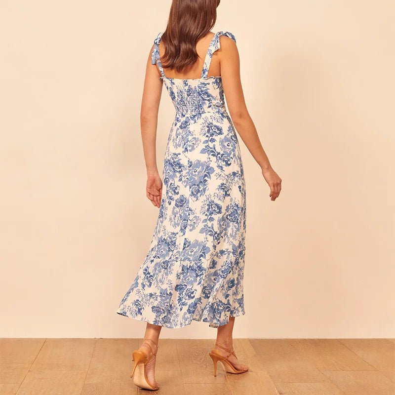 Summer Dresses Women 2020 Vintage Blue White Floral Print Dress Woman Sexy Spaghetti Strap Tie Chiffon Elegant Ruffle Midi Dress - PratSN
