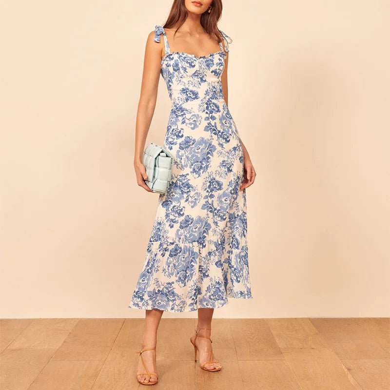 Summer Dresses Women 2020 Vintage Blue White Floral Print Dress Woman Sexy Spaghetti Strap Tie Chiffon Elegant Ruffle Midi Dress - PratSN