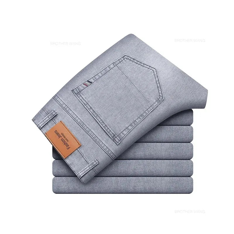 Summer Elastic Men's Jeans Fashion Gray Comfortable Business Straight Stretch Cotton Casual Denim Pants Brand Male Thin Trousers - PratSN