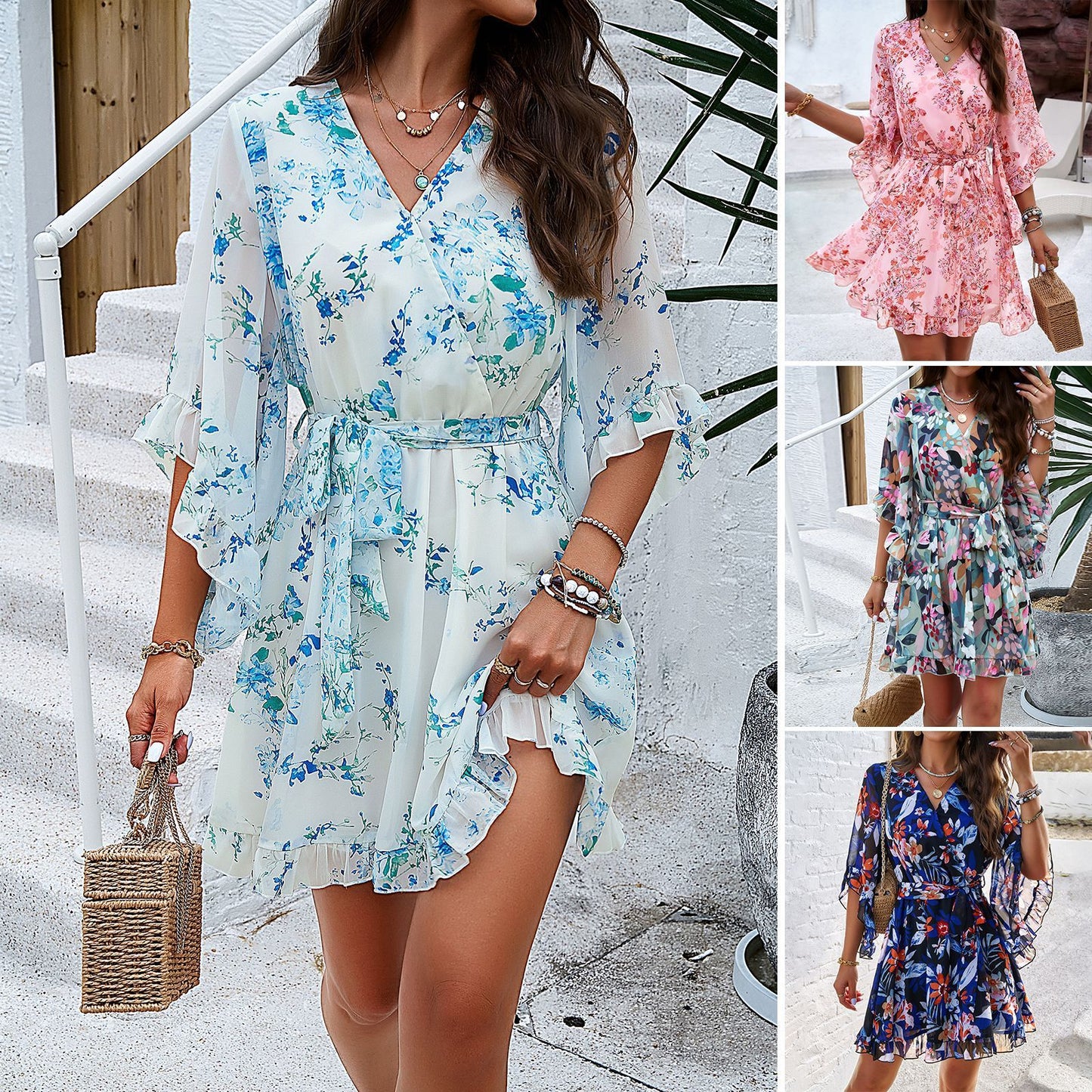 Summer Floral Print Short Sleeves Dress Lace Up Ruffles Design Fashion V - neck Short Dresses Womens Clothing - PratSN