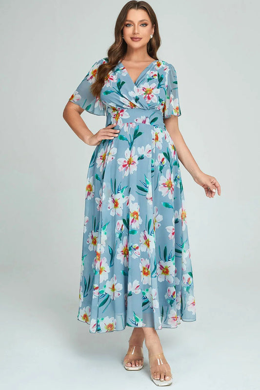 Summer Floral Printing Dress Plus Size for Women Short Sleeve Elegant V - Neck Vintage Casual Pleated A - Line Long Dresses - PratSN