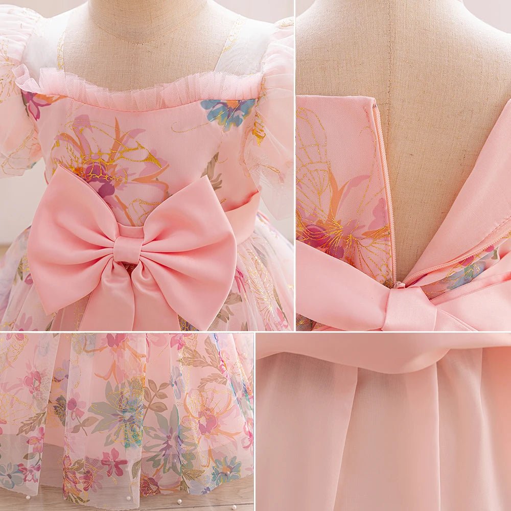 Summer Girl Embroider Puff Sleeve Princess Dress Girl Temperament Flower Tulle Skirt Birthday Party Wedding Flower Girl Dress - PratSN
