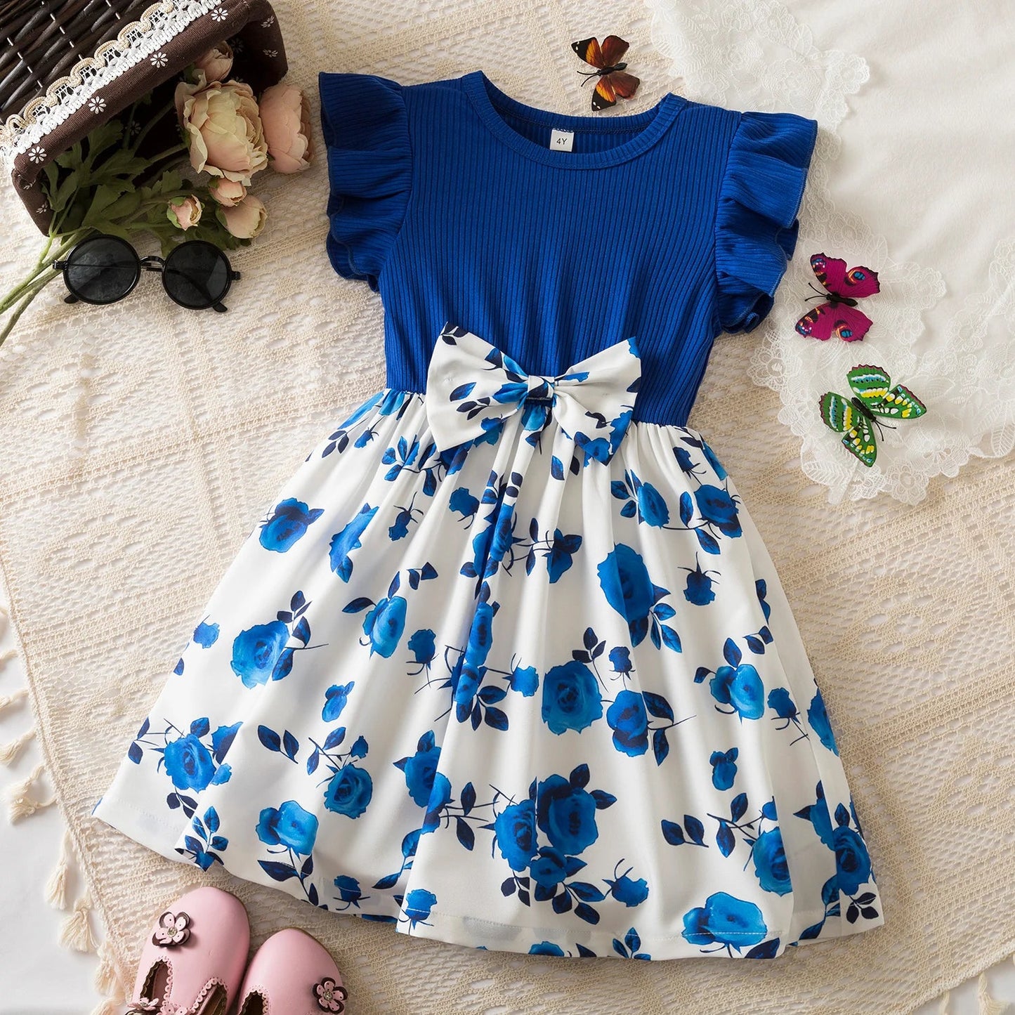 Summer Girls Butterfly Printed Sweet Dress Ruffled Sleeveless Floral Princess Dresses 3 - 8Yrs Children's Birthday Party Clothing - PratSN