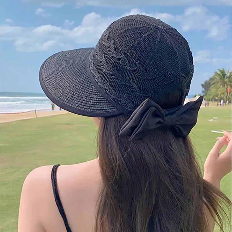 Summer Girls Sun Hats Wide Brim Bowknot Straw Hat with Ribbon Outdoor Sun Protection Women Hats Soild Color Ladies Panama Caps - PratSN