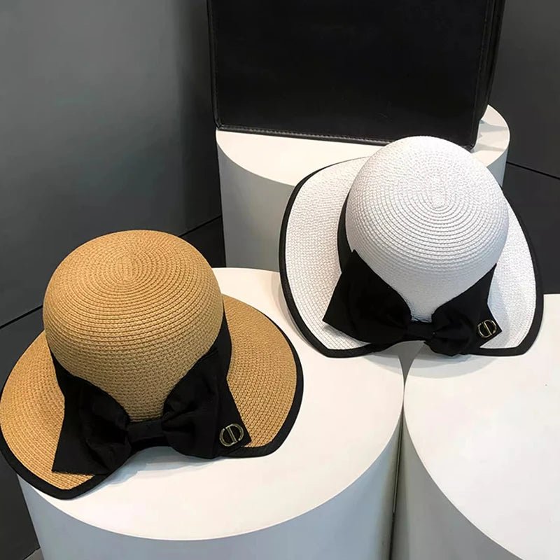 Summer Girls Sun Hats Wide Brim Bowknot Straw Hat with Ribbon Outdoor Sun Protection Women Hats Soild Color Ladies Panama Caps - PratSN