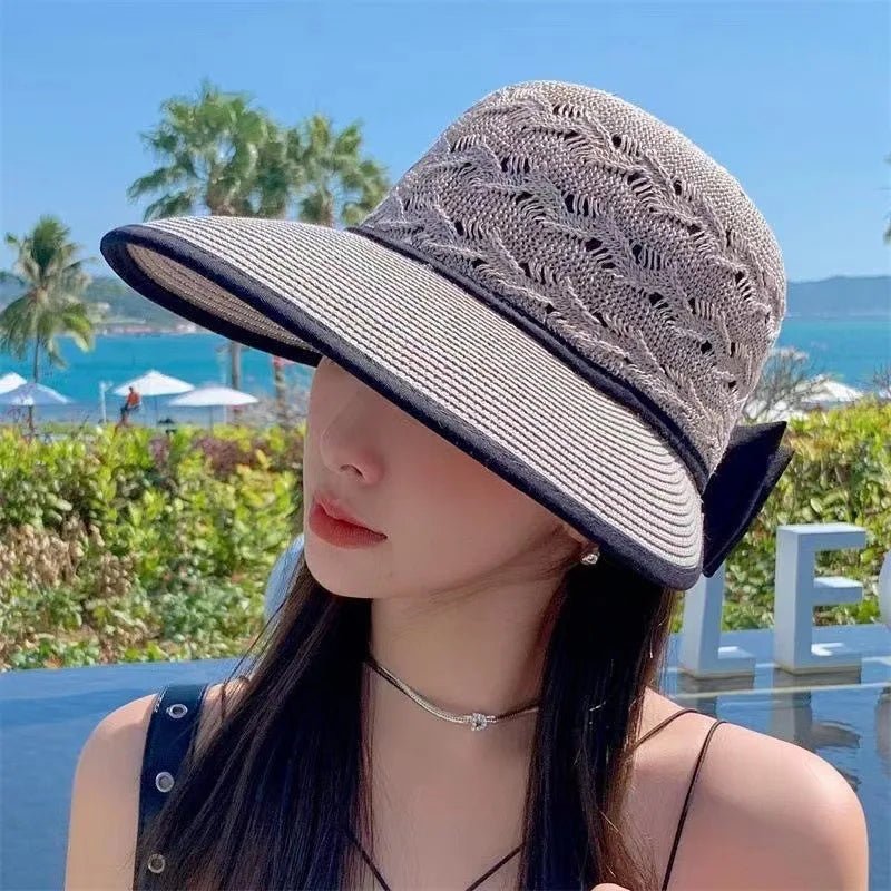Summer Girls Sun Hats Wide Brim Bowknot Straw Hat with Ribbon Outdoor Sun Protection Women Hats Soild Color Ladies Panama Caps - PratSN