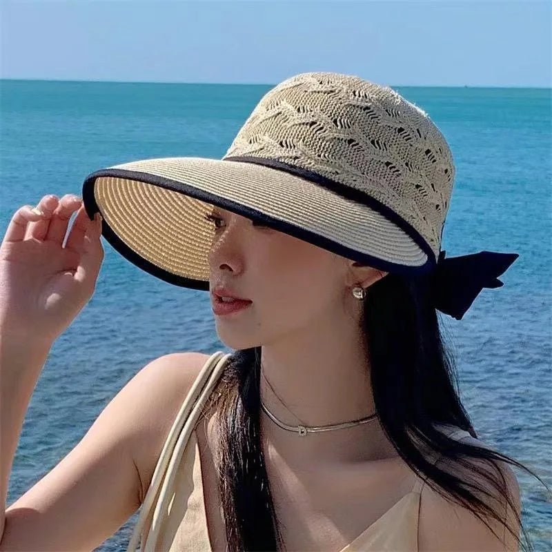 Summer Girls Sun Hats Wide Brim Bowknot Straw Hat with Ribbon Outdoor Sun Protection Women Hats Soild Color Ladies Panama Caps - PratSN