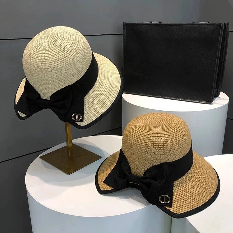 Summer Girls Sun Hats Wide Brim Bowknot Straw Hat with Ribbon Outdoor Sun Protection Women Hats Soild Color Ladies Panama Caps - PratSN
