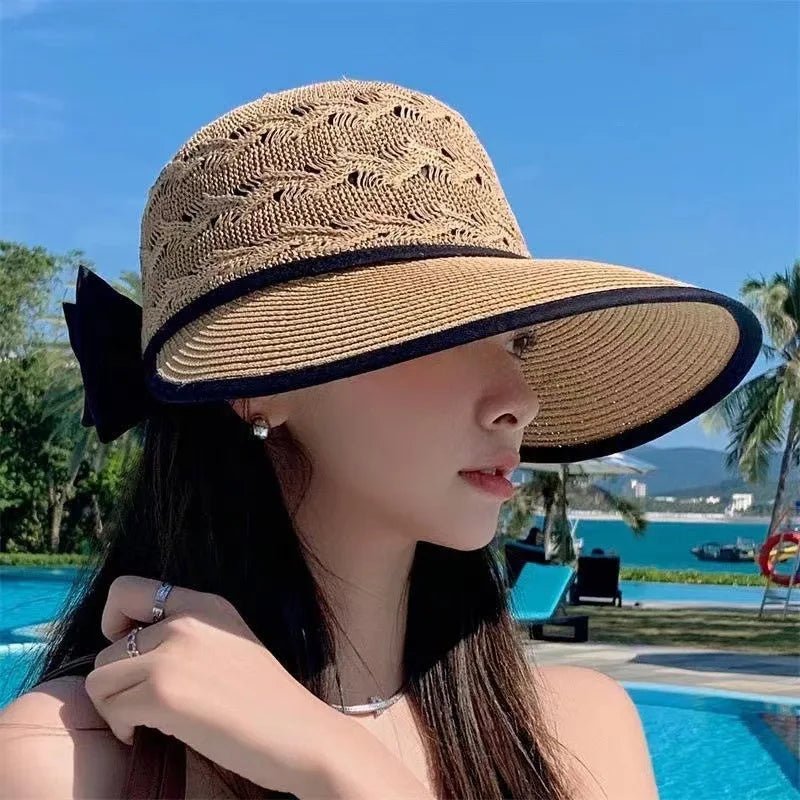 Summer Girls Sun Hats Wide Brim Bowknot Straw Hat with Ribbon Outdoor Sun Protection Women Hats Soild Color Ladies Panama Caps - PratSN