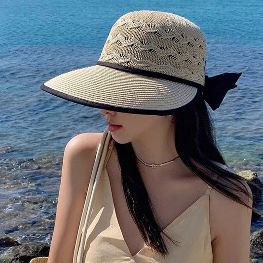 Summer Girls Sun Hats Wide Brim Bowknot Straw Hat with Ribbon Outdoor Sun Protection Women Hats Soild Color Ladies Panama Caps - PratSN