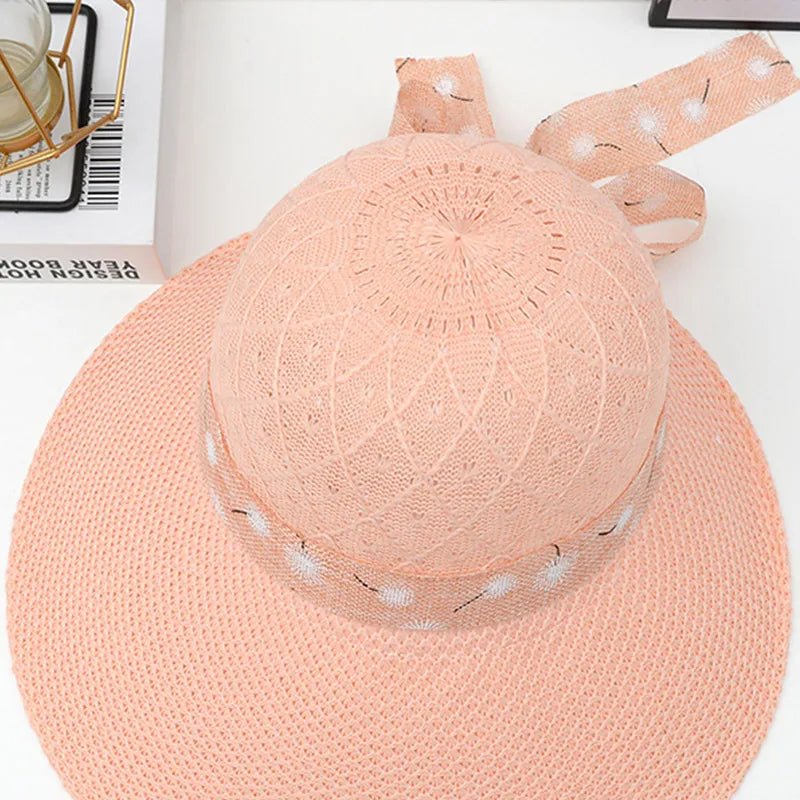 Summer Girls Sun Hats Wide Brim Bowknot Straw Hat with Ribbon Outdoor Sun Protection Women Hats Soild Color Ladies Panama Caps - PratSN
