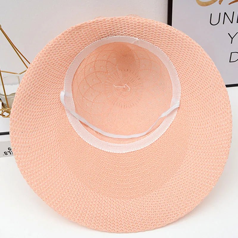 Summer Girls Sun Hats Wide Brim Bowknot Straw Hat with Ribbon Outdoor Sun Protection Women Hats Soild Color Ladies Panama Caps - PratSN