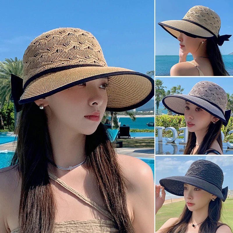 Summer Girls Sun Hats Wide Brim Bowknot Straw Hat with Ribbon Outdoor Sun Protection Women Hats Soild Color Ladies Panama Caps - PratSN