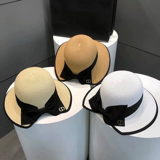 Summer Girls Sun Hats Wide Brim Bowknot Straw Hat with Ribbon Outdoor Sun Protection Women Hats Soild Color Ladies Panama Caps - PratSN