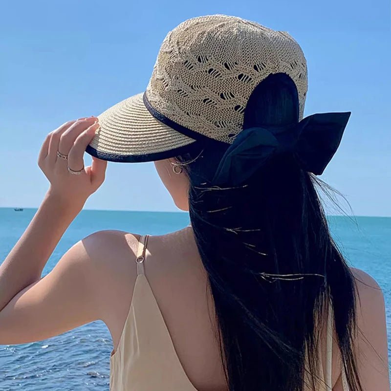 Summer Girls Sun Hats Wide Brim Bowknot Straw Hat with Ribbon Outdoor Sun Protection Women Hats Soild Color Ladies Panama Caps - PratSN