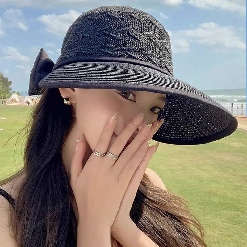Summer Girls Sun Hats Wide Brim Bowknot Straw Hat with Ribbon Outdoor Sun Protection Women Hats Soild Color Ladies Panama Caps - PratSN