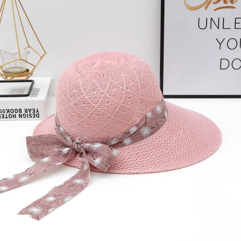 Summer Girls Sun Hats Wide Brim Bowknot Straw Hat with Ribbon Outdoor Sun Protection Women Hats Soild Color Ladies Panama Caps - PratSN