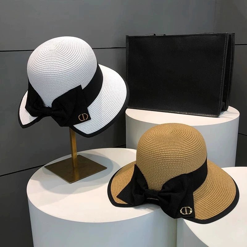 Summer Girls Sun Hats Wide Brim Bowknot Straw Hat with Ribbon Outdoor Sun Protection Women Hats Soild Color Ladies Panama Caps - PratSN