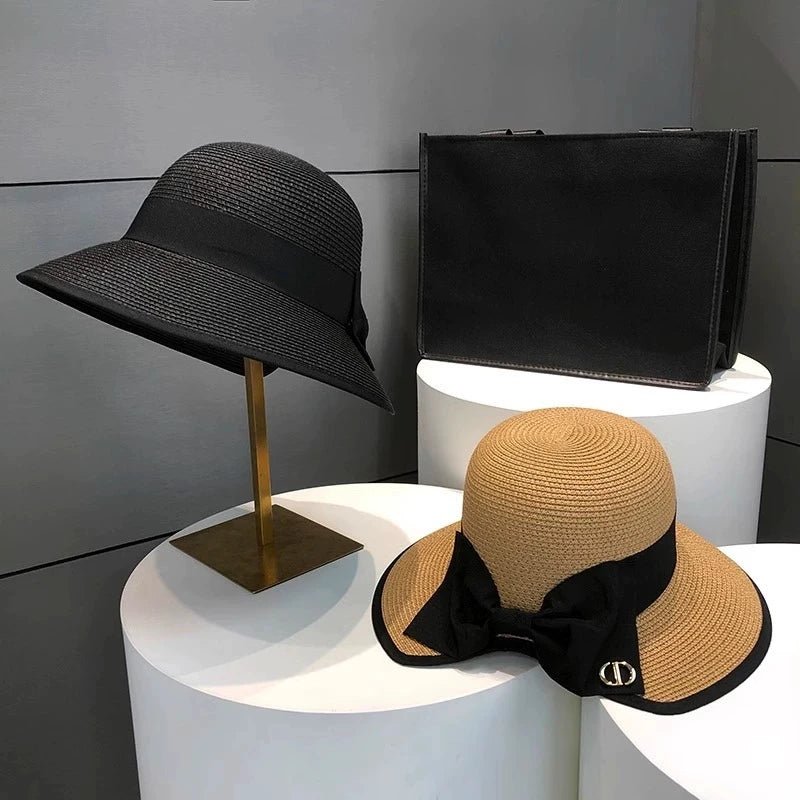 Summer Girls Sun Hats Wide Brim Bowknot Straw Hat with Ribbon Outdoor Sun Protection Women Hats Soild Color Ladies Panama Caps - PratSN