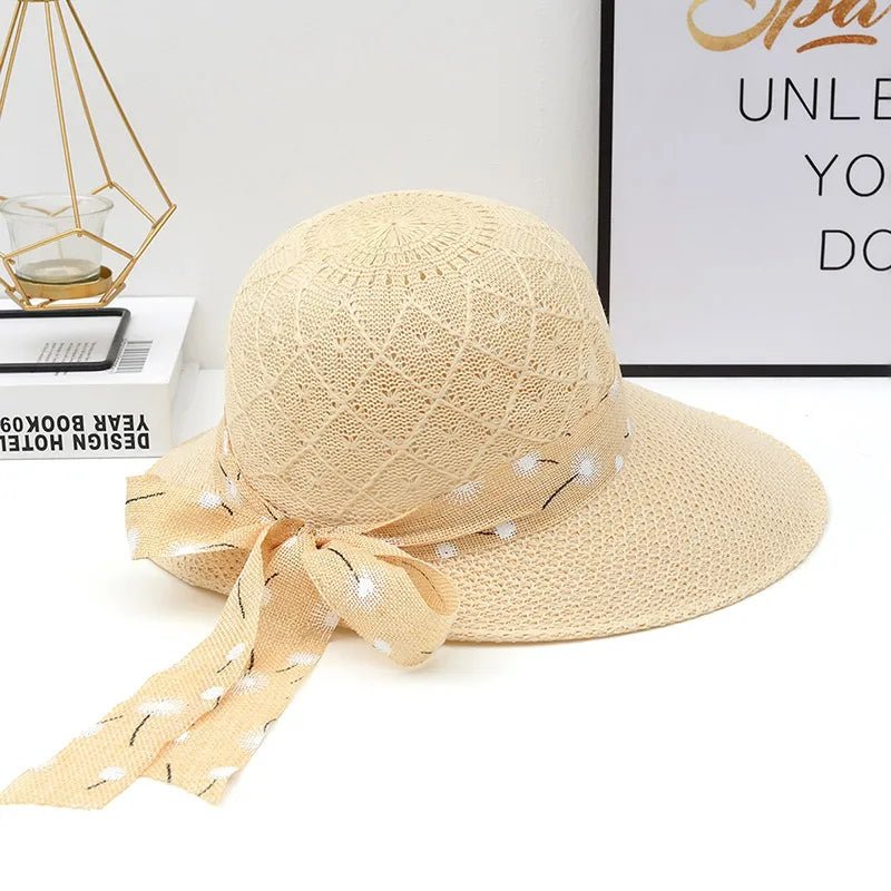 Summer Girls Sun Hats Wide Brim Bowknot Straw Hat with Ribbon Outdoor Sun Protection Women Hats Soild Color Ladies Panama Caps - PratSN