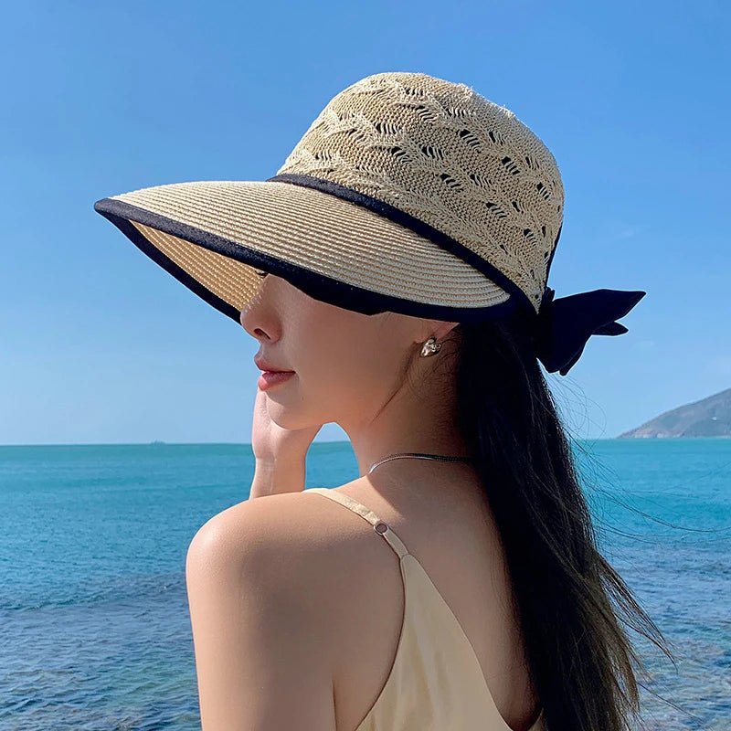 Summer Girls Sun Hats Wide Brim Bowknot Straw Hat with Ribbon Outdoor Sun Protection Women Hats Soild Color Ladies Panama Caps - PratSN