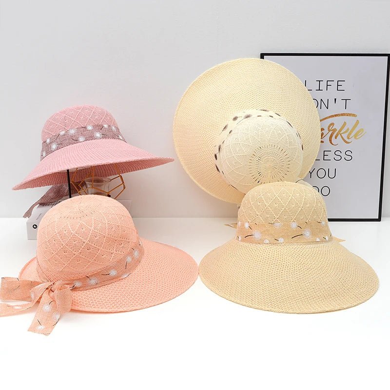 Summer Girls Sun Hats Wide Brim Bowknot Straw Hat with Ribbon Outdoor Sun Protection Women Hats Soild Color Ladies Panama Caps - PratSN